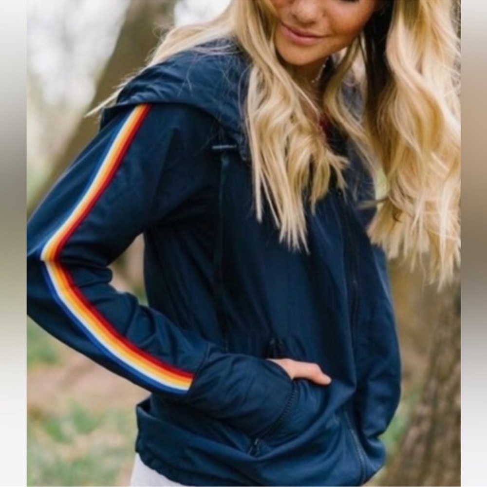 Zyia Navy Rainbow Sleeve Stripe Hooded Bomber Windbreaker Jacket L